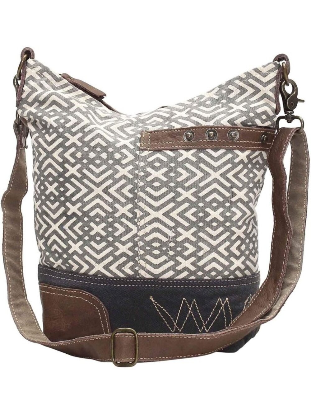 Geometric Canvas Purse with Buffalo Leather, Black & White Boho Handbag for